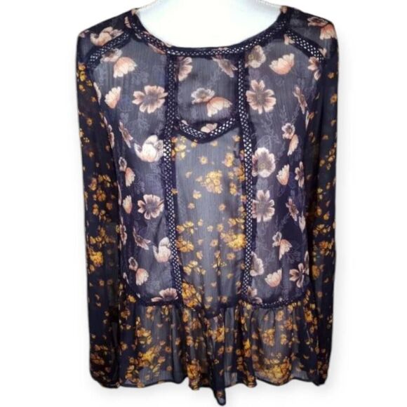 XHILARATION NAVY & PEACH FLORAL SHEER BOHO-INSPIRED BLOUSE SZ.S EUC. - Picture 1 of 5